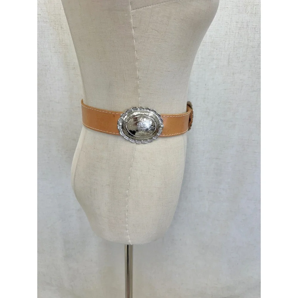 Carole Little Tan Leather Silver Concho Belt Womens Size M Western Boho 90s